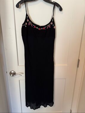 Nicole Miller Black Midi Slip Dress with Pink Floral Trim